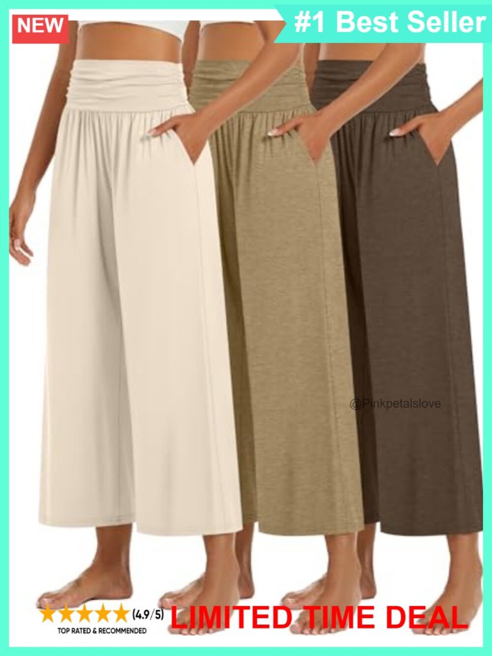 Wide Leg Capri Pants High Waisted Pleated Loose Fit with Pockets